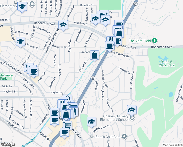 map of restaurants, bars, coffee shops, grocery stores, and more near 4736 Durango Drive in Buena Park
