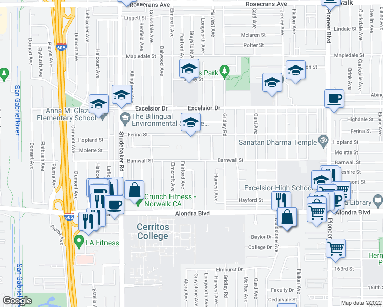 map of restaurants, bars, coffee shops, grocery stores, and more near 11260 Barnwall Street in Norwalk