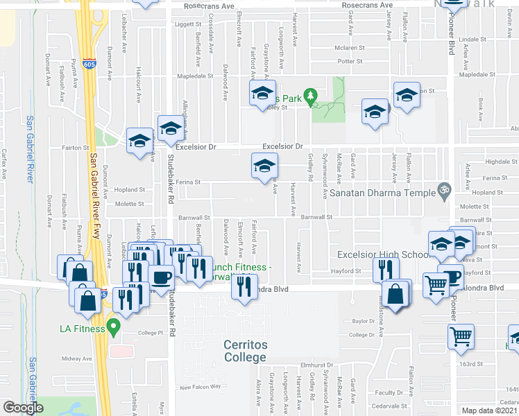 map of restaurants, bars, coffee shops, grocery stores, and more near 15403 Fairford Avenue in Norwalk