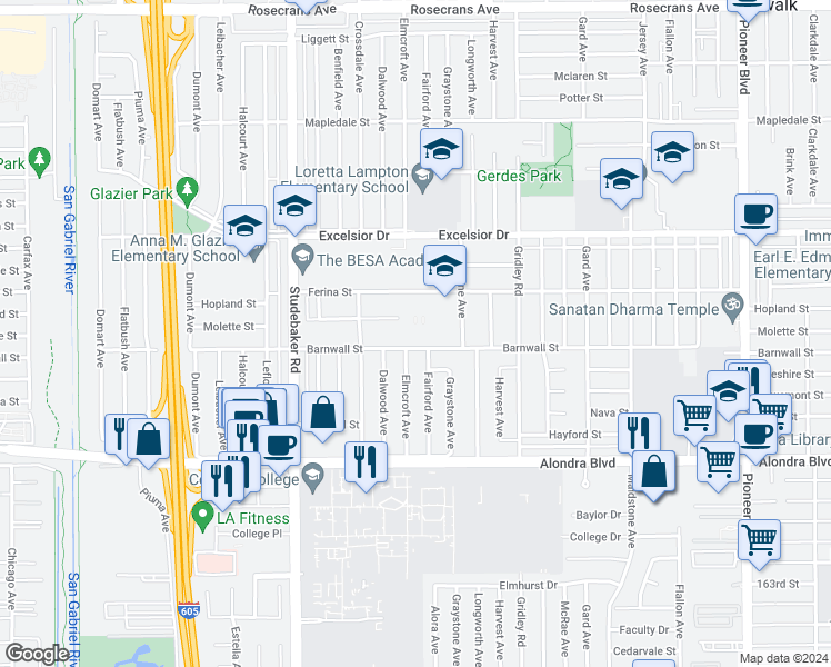 map of restaurants, bars, coffee shops, grocery stores, and more near 15403 Fairford Avenue in Norwalk