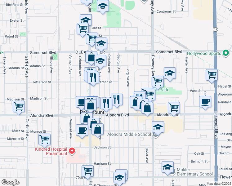 map of restaurants, bars, coffee shops, grocery stores, and more near 8120 Madison Street in Paramount