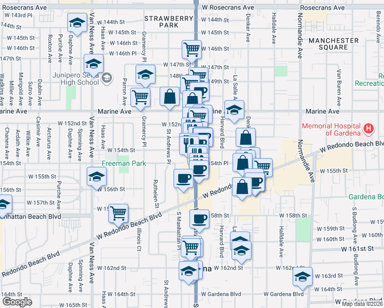 map of restaurants, bars, coffee shops, grocery stores, and more near 15435 South Western Avenue in Gardena