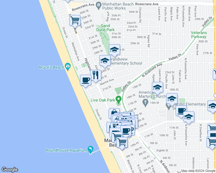 map of restaurants, bars, coffee shops, grocery stores, and more near 412 20th Street in Manhattan Beach