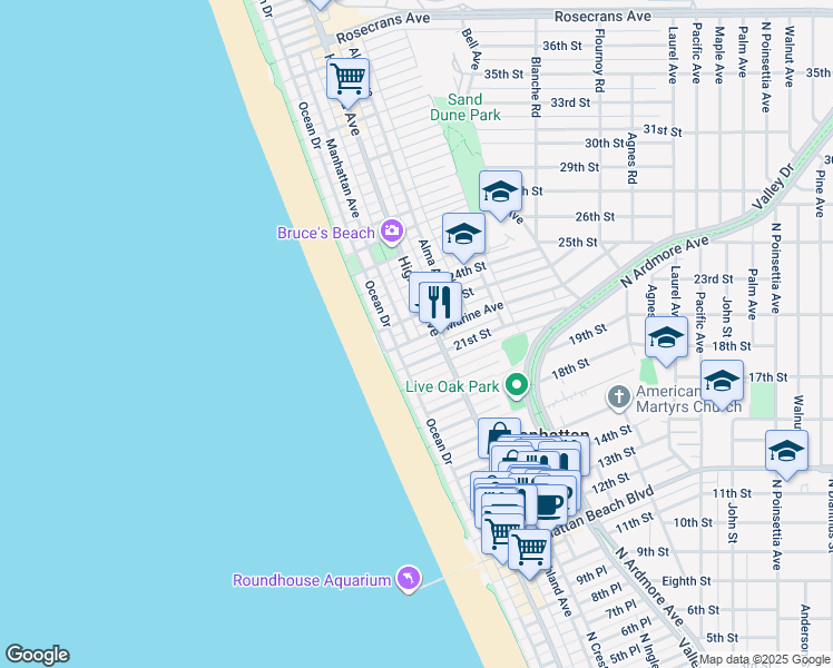 map of restaurants, bars, coffee shops, grocery stores, and more near 124 21st Place in Manhattan Beach