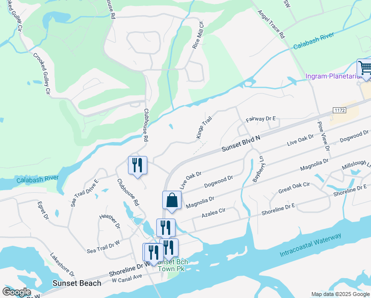 map of restaurants, bars, coffee shops, grocery stores, and more near Sunset Boulevard North in Sunset Beach