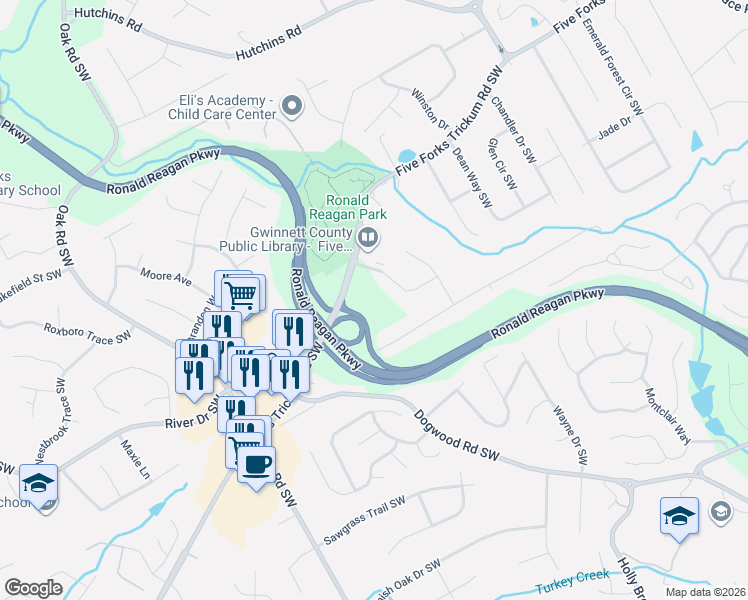 map of restaurants, bars, coffee shops, grocery stores, and more near 2828 Five Forks Trickum Road Southwest in Lawrenceville