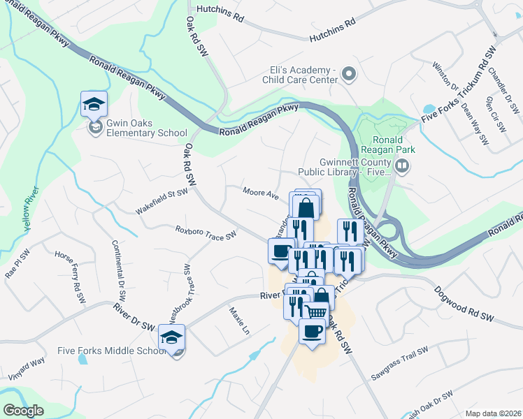 map of restaurants, bars, coffee shops, grocery stores, and more near 752 Oak Road Southwest in Lawrenceville