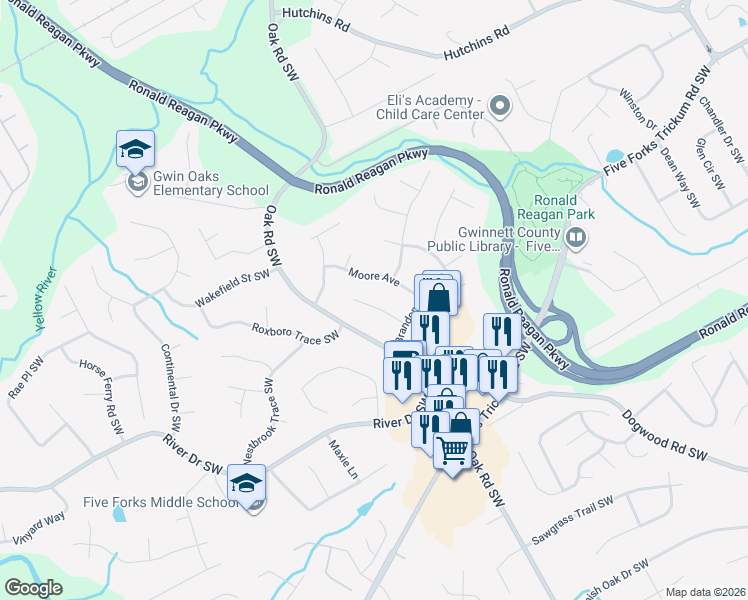 map of restaurants, bars, coffee shops, grocery stores, and more near 752 Oak Road Southwest in Lawrenceville