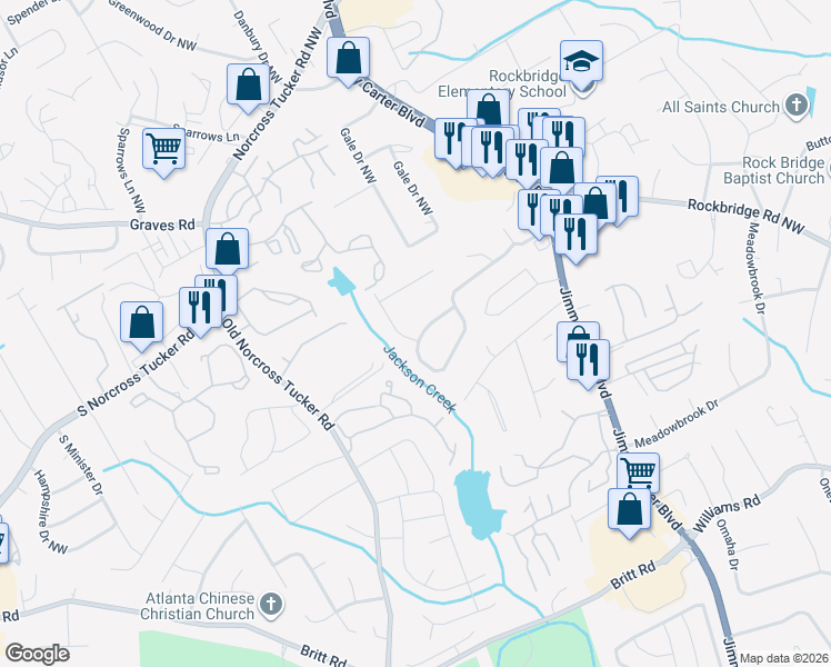 map of restaurants, bars, coffee shops, grocery stores, and more near 6398 Boyett Drive Northwest in Norcross
