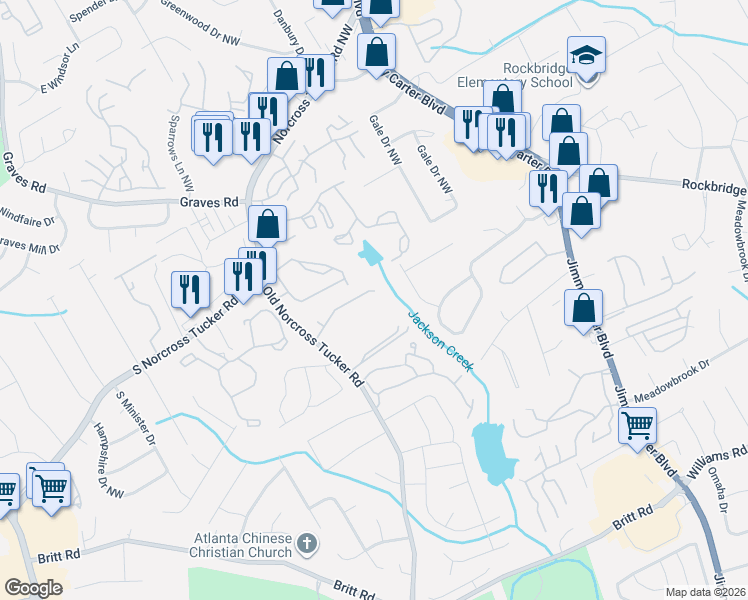 map of restaurants, bars, coffee shops, grocery stores, and more near 6400 Glenbrook Drive Northwest in Tucker