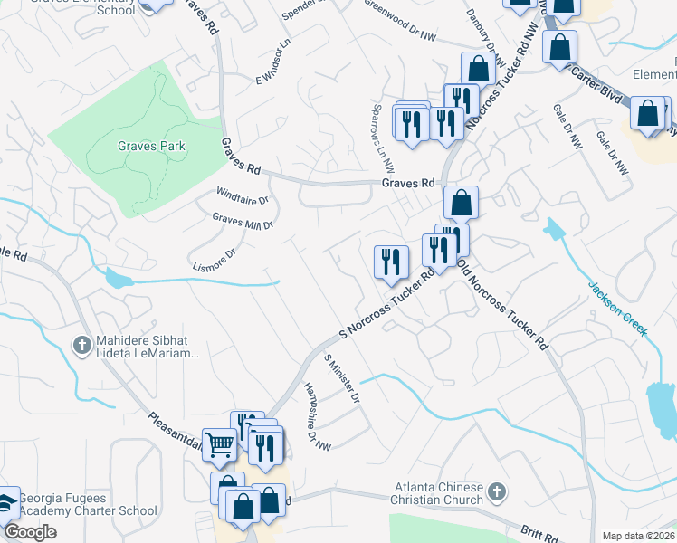 map of restaurants, bars, coffee shops, grocery stores, and more near 1370 Branch Drive in Tucker