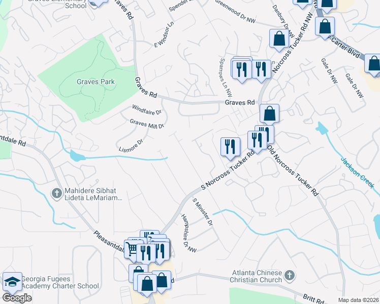map of restaurants, bars, coffee shops, grocery stores, and more near 1311 Dogwood Lane in Tucker