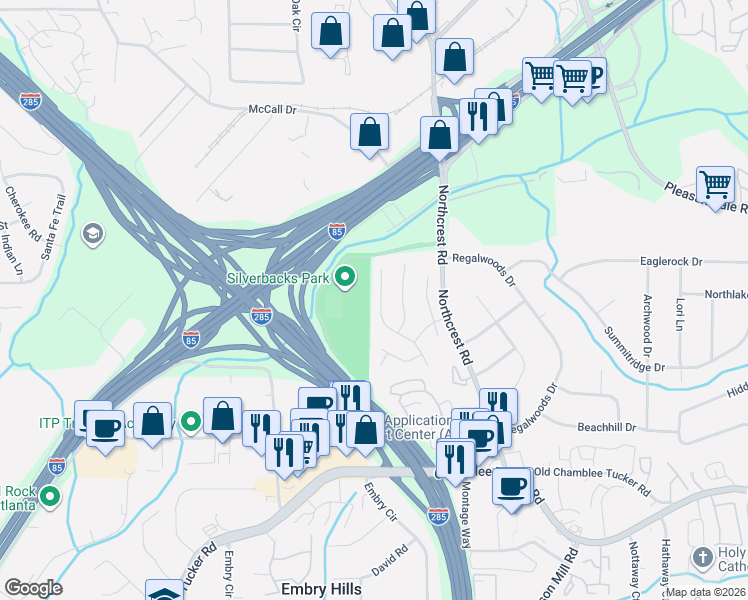 map of restaurants, bars, coffee shops, grocery stores, and more near 3350 Rose Ridge in Atlanta