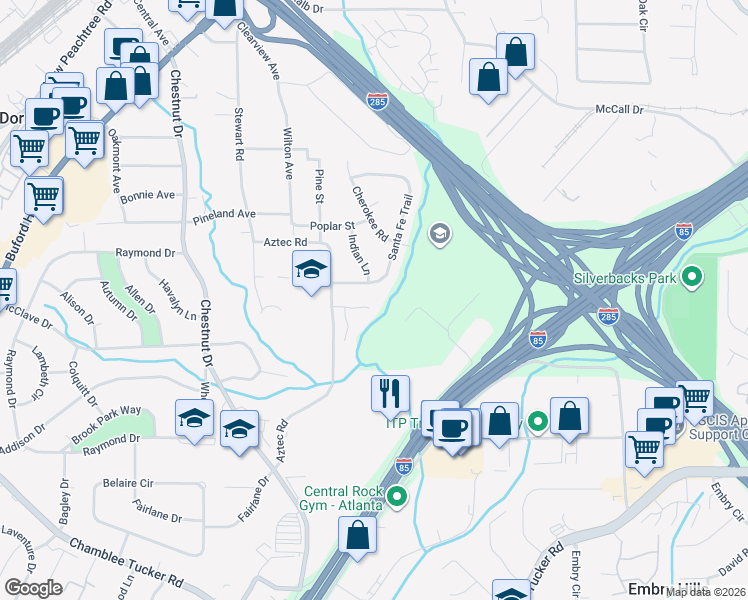 map of restaurants, bars, coffee shops, grocery stores, and more near 2927 Arbor Creek Lane in Atlanta