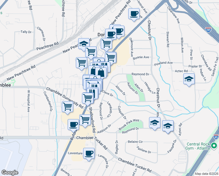 map of restaurants, bars, coffee shops, grocery stores, and more near 3433 Raymond Drive in Doraville