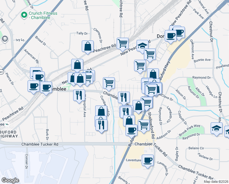 map of restaurants, bars, coffee shops, grocery stores, and more near 3248 Chamblee Dunwoody Road in Chamblee