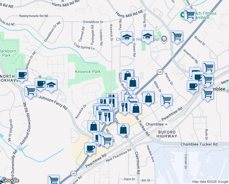 map of restaurants, bars, coffee shops, grocery stores, and more near 3493 Keswick Drive in Atlanta