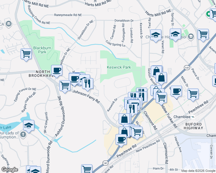 map of restaurants, bars, coffee shops, grocery stores, and more near 3421 Keswick Court in Atlanta