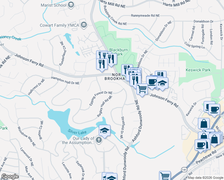 map of restaurants, bars, coffee shops, grocery stores, and more near 1473 Epping Forest Drive Northeast in Atlanta