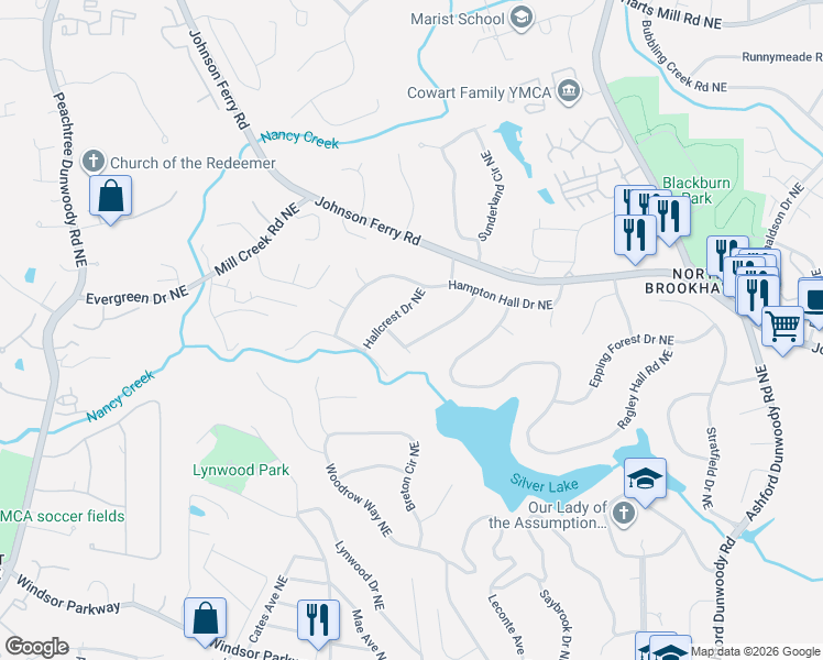 map of restaurants, bars, coffee shops, grocery stores, and more near 3409 Wynnton Drive Northeast in Atlanta