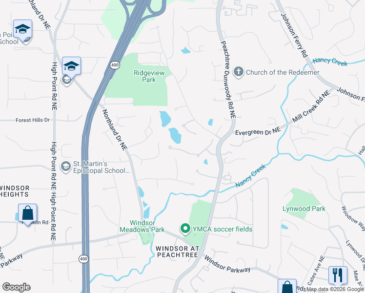 map of restaurants, bars, coffee shops, grocery stores, and more near 4965 Old House Trail Northeast in Atlanta