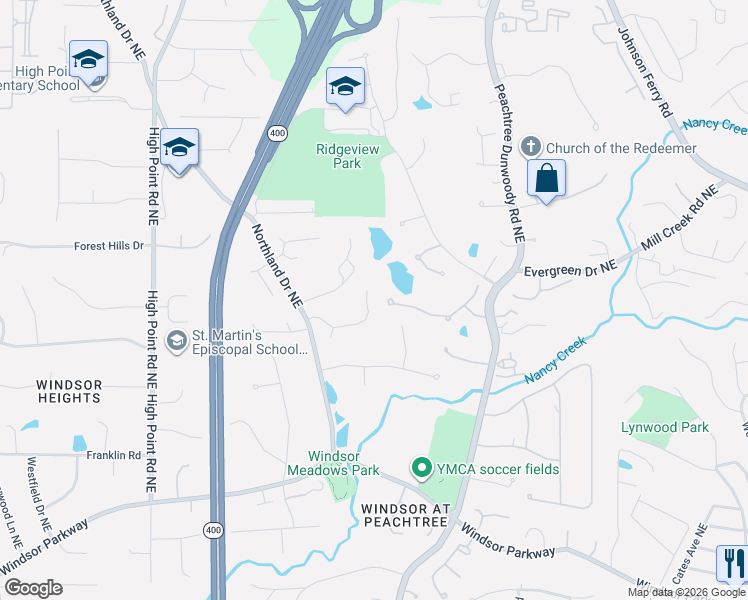 map of restaurants, bars, coffee shops, grocery stores, and more near 210 Northland Ridge Trail Northeast in Sandy Springs
