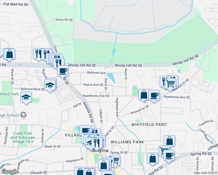 map of restaurants, bars, coffee shops, grocery stores, and more near 1393 Hawthorne Avenue Southeast in Smyrna