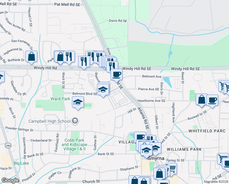 map of restaurants, bars, coffee shops, grocery stores, and more near 229 Dellwood Drive in Smyrna