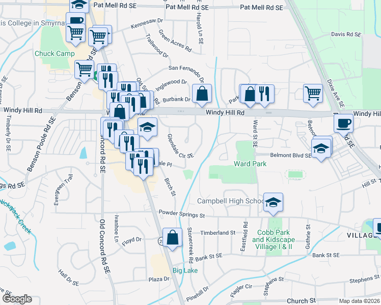 map of restaurants, bars, coffee shops, grocery stores, and more near 2504 Glendale Circle Southeast in Smyrna