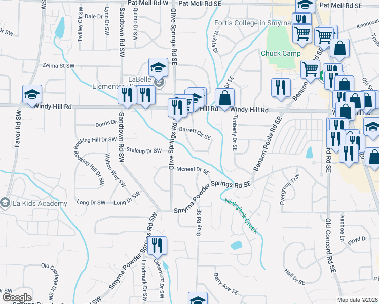 map of restaurants, bars, coffee shops, grocery stores, and more near 49 Mcneal Drive Southeast in Marietta