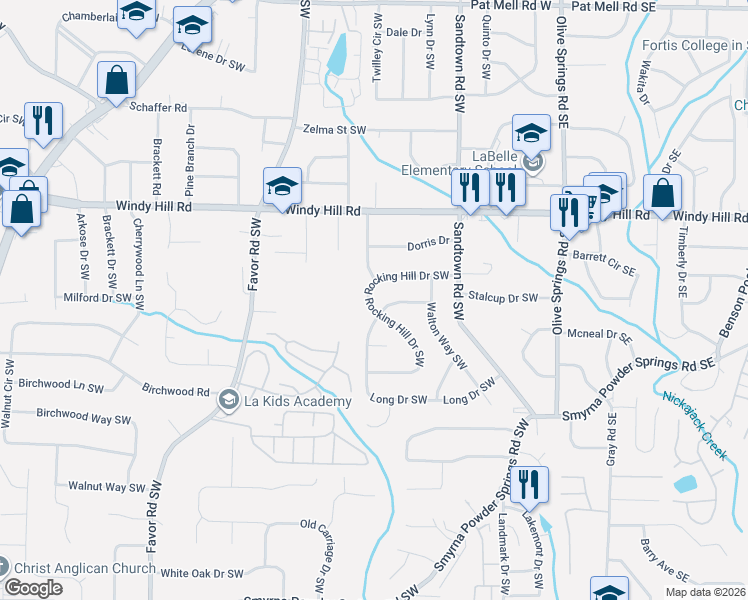 map of restaurants, bars, coffee shops, grocery stores, and more near 258 Rocking Hill Drive Southwest in Marietta