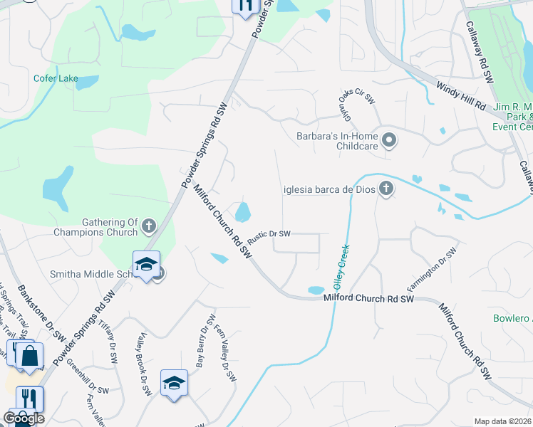 map of restaurants, bars, coffee shops, grocery stores, and more near 1778 Rustic Drive Southwest in Marietta