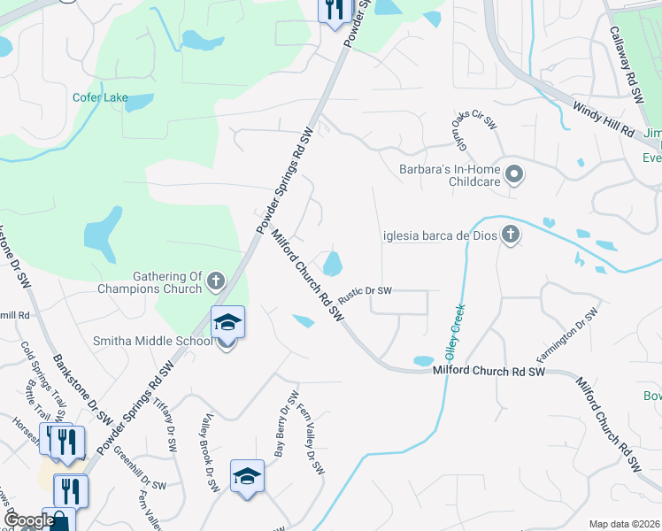 map of restaurants, bars, coffee shops, grocery stores, and more near 2427 Kingston Heath Way in Marietta