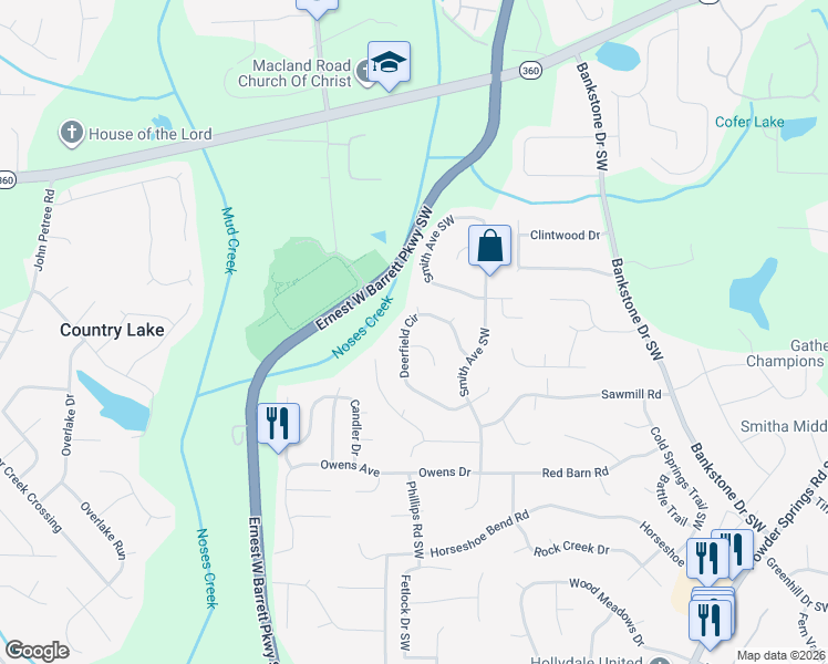 map of restaurants, bars, coffee shops, grocery stores, and more near 2564 Thorns Hill Place Southwest in Marietta