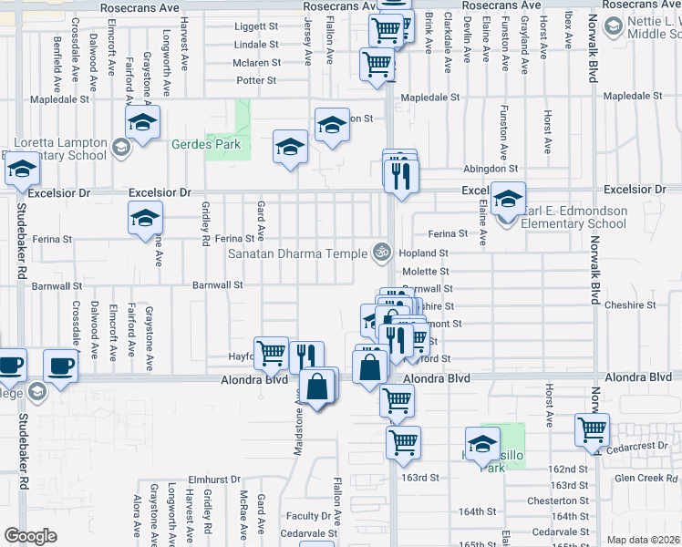 map of restaurants, bars, coffee shops, grocery stores, and more near 15316 Flallon Avenue in Norwalk