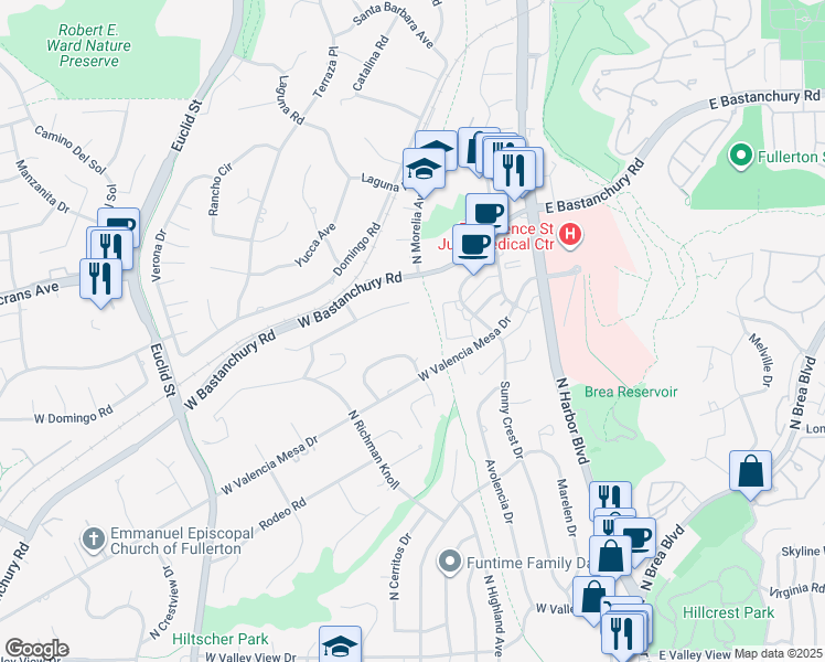 map of restaurants, bars, coffee shops, grocery stores, and more near 508 Green Acre Drive in Fullerton