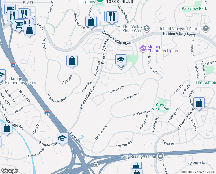 map of restaurants, bars, coffee shops, grocery stores, and more near 703 Allen Drive in Corona