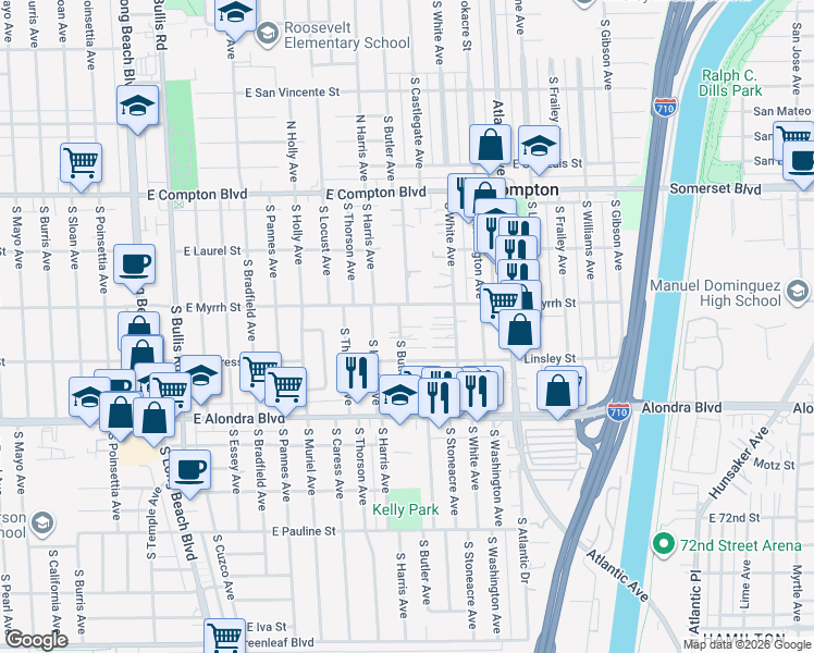 map of restaurants, bars, coffee shops, grocery stores, and more near 15622 South Butler Avenue in Compton