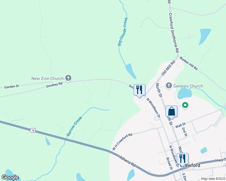 map of restaurants, bars, coffee shops, grocery stores, and more near 15 Smokey Trail in Crawford