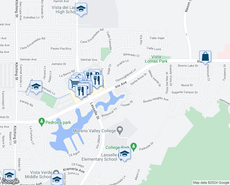 map of restaurants, bars, coffee shops, grocery stores, and more near 26255 Iris Avenue in Moreno Valley