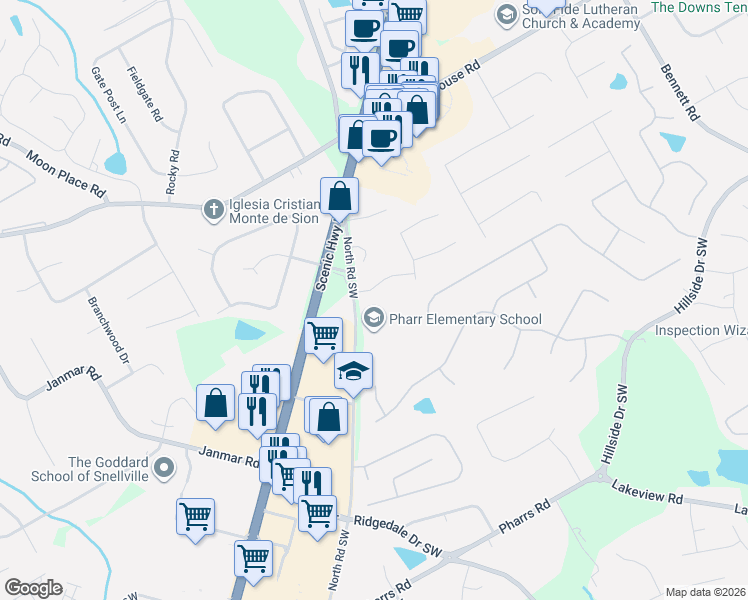 map of restaurants, bars, coffee shops, grocery stores, and more near 1490 North Road Southwest in Snellville