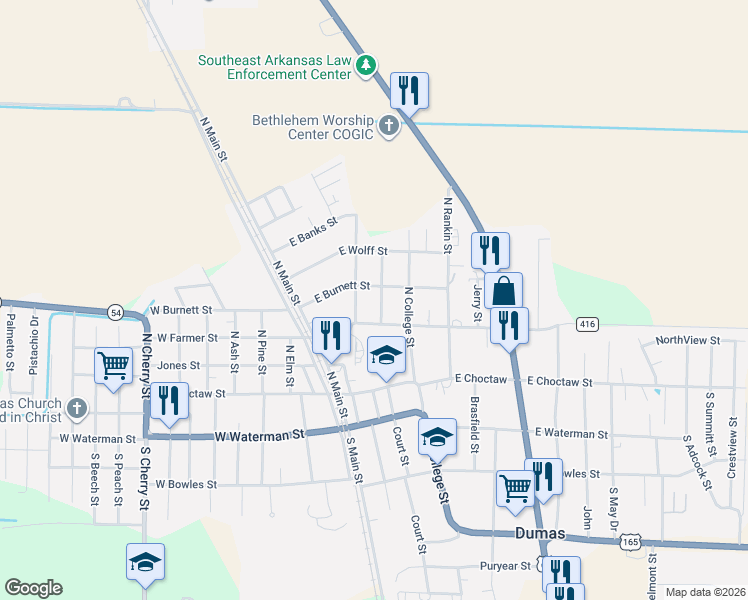 map of restaurants, bars, coffee shops, grocery stores, and more near 205 East Farmer Street in Dumas