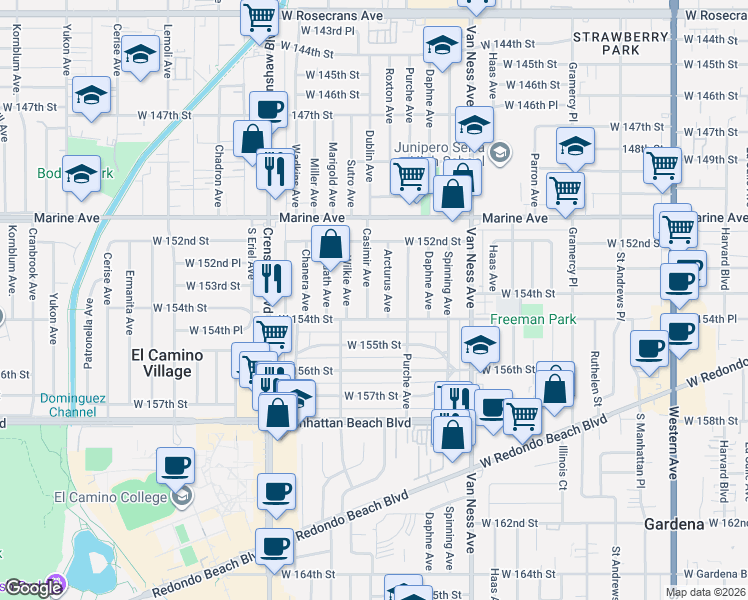 map of restaurants, bars, coffee shops, grocery stores, and more near 15322 Casimir Avenue in Gardena