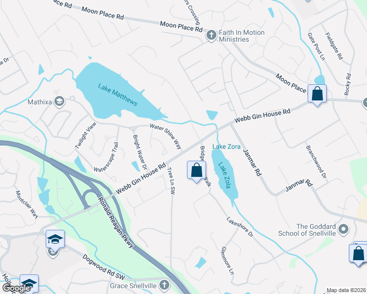 map of restaurants, bars, coffee shops, grocery stores, and more near 1565 Water Shine Way in Snellville