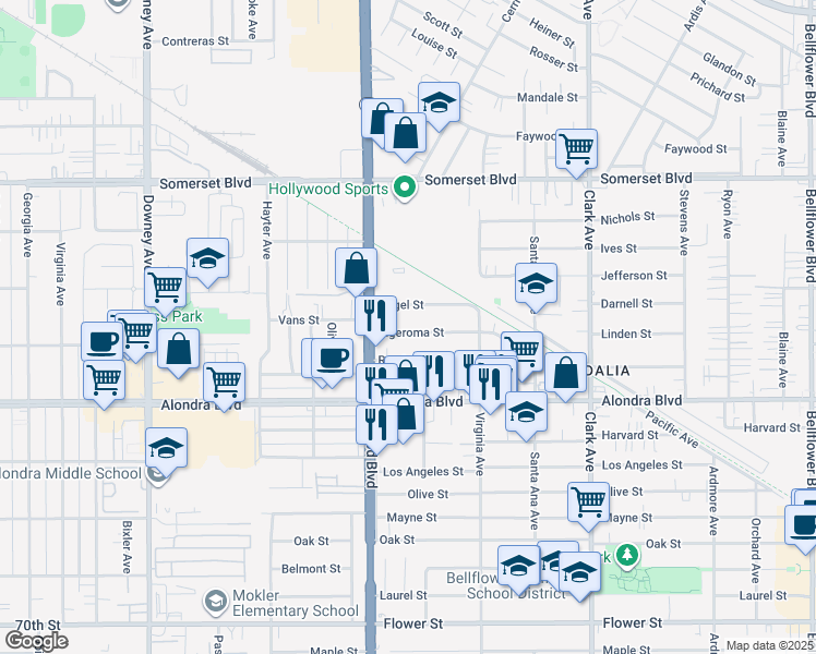map of restaurants, bars, coffee shops, grocery stores, and more near 9045 Algeroma Street in Bellflower