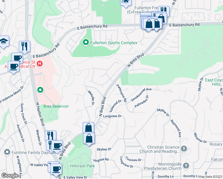 map of restaurants, bars, coffee shops, grocery stores, and more near 1908 Brentwood Drive in Fullerton