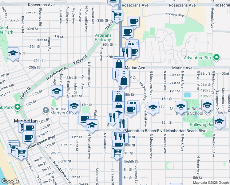 map of restaurants, bars, coffee shops, grocery stores, and more near 1720 Oak Avenue in Manhattan Beach
