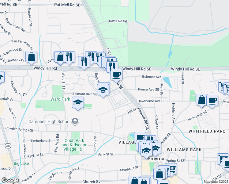 map of restaurants, bars, coffee shops, grocery stores, and more near 229 Dellwood Drive in Smyrna