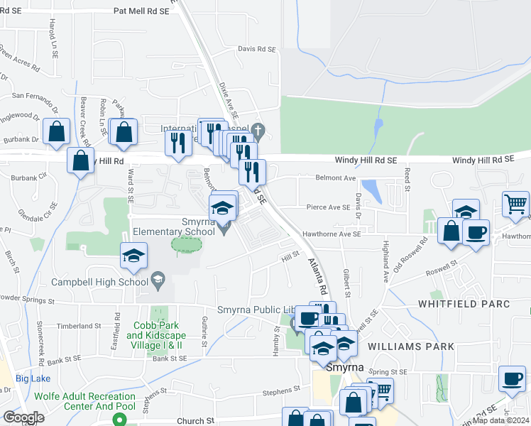 map of restaurants, bars, coffee shops, grocery stores, and more near 3009 Devoncroft Street in Smyrna