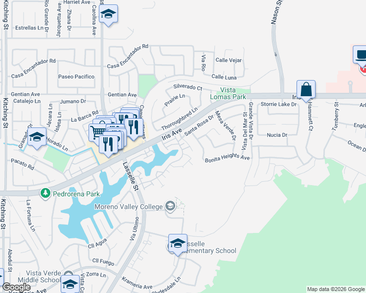 map of restaurants, bars, coffee shops, grocery stores, and more near 26335 Iris Avenue in Moreno Valley